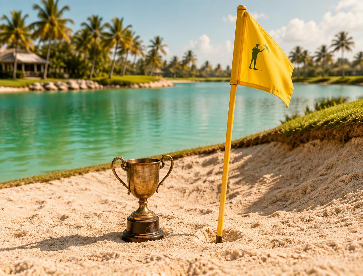Copa de golf y bandera amarilla en un bunker junto al agua